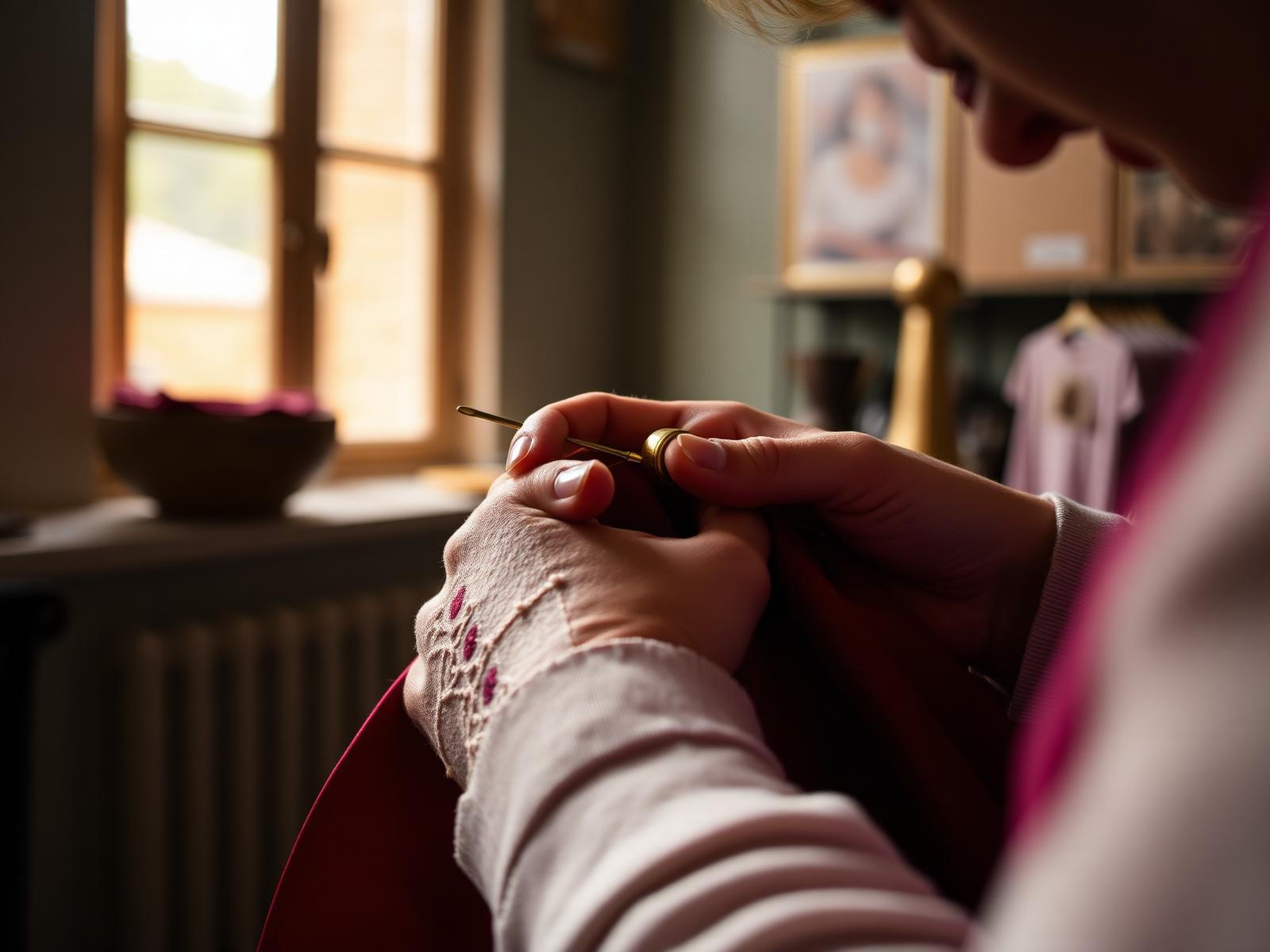 Hand-stitching detail on burgundy silk in the ZOECO atelier